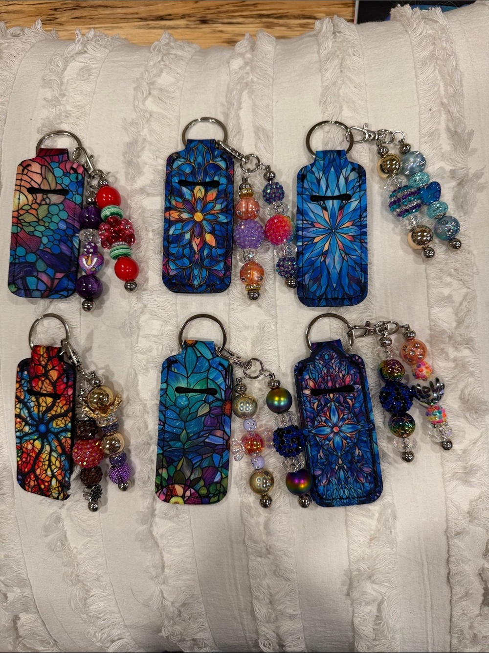Handcrafted multicolor stained glass Mosaic Keychain beaded chapstick holder.